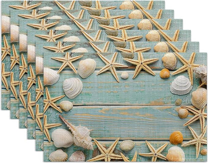 Beach Starfish Placemats Set of 6,Washable Heat Resistant 12×18 Inch Linen Table Mats Coastal Place Mats for Party Outdoor Dining Décor