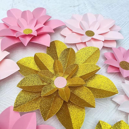 Mybbshower Pink Gold Glitter Paper Flower for Wall (10"-6") DIY Floral Backdrop Nursery Room Baby Shower Girls Birthday Party Photo Backdrop Pack of 9