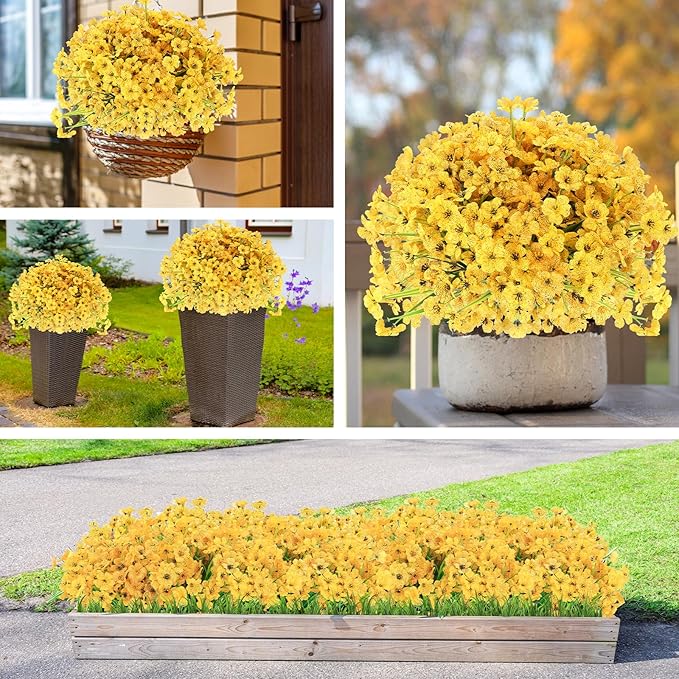 20 Bundles Artificial Flowers for Outdoors Decorations, Fake Flowers Faux Plants Silk Colorful Daisy Eucalyptus Flowers Realistic UV Resistant for Garden Patio Porch Box Home Decor, Yellow