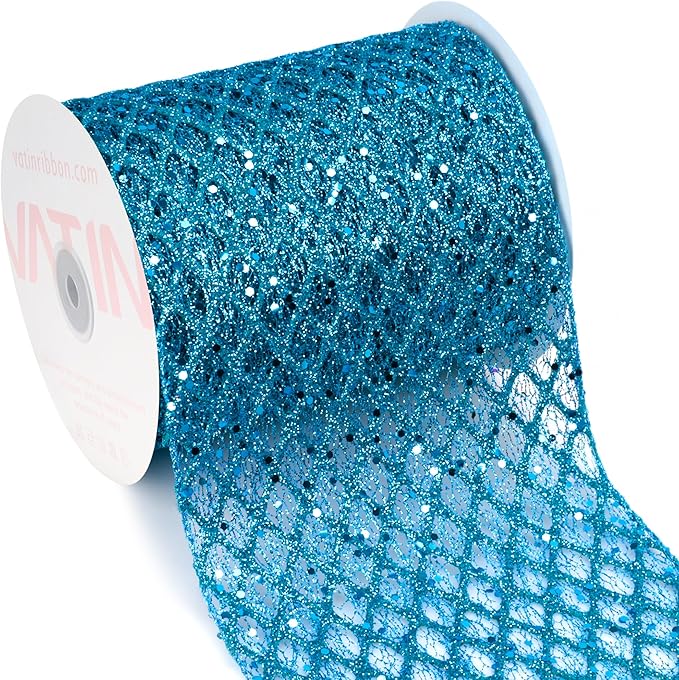 VATIN 6" Turquoise Christmas Ribbon, Blue Glitter Mesh Diamond Web Sequin Dots Wired Christmas Ribbon for Gift Wrapping Bow Making Wreath Supply-10 Yards