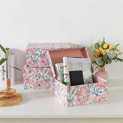 Soul & Lane Decorative Storage Boxes with Hinged Lids, Pink Chinoiserie - Set of 3 Floral Memory Keepsake Boxes with Lids, Pretty Large Cardboard Photo Storage for Organizing, Home Décor, Gifts