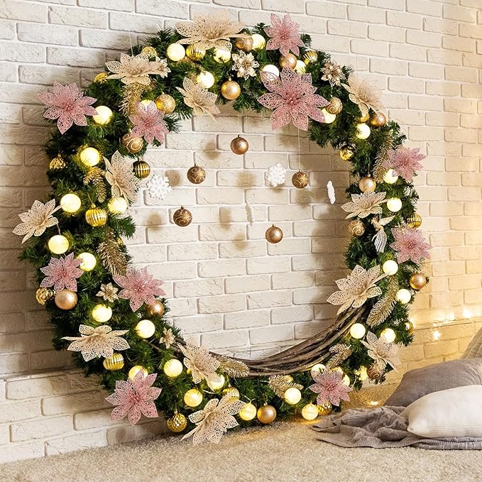 Boao Champagne,Rose Gold 24 Pieces Poinsettia Flower Christmas Glitter Artificial Poinsettia with Clips Christmas Tree Ornament Decorations for DIY Xmas Wreath Holiday Home Party Decor, 3/4/6 Inches