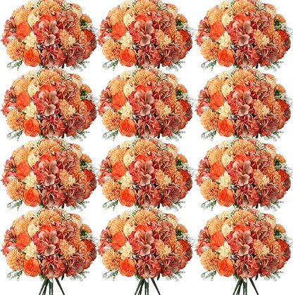 Tigeen Artificial Flowers Artificial Peonies Silk Flowers Faux Peony Fake Peony Silk Hydrangea Bouquet for Wedding Table Centerpiece Floral Vase Decor (Bright Orange,12 Bundles)