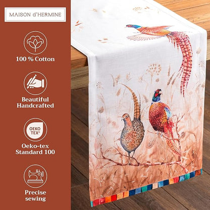 Maison d' Hermine Table Runner 100% Cotton Single Layer Table Runners 108 inches Long for Thanksgiving Christmas Decorations Home Kitchen Dining Party Wedding (Faisan D'Automne, 14.5" x 108")