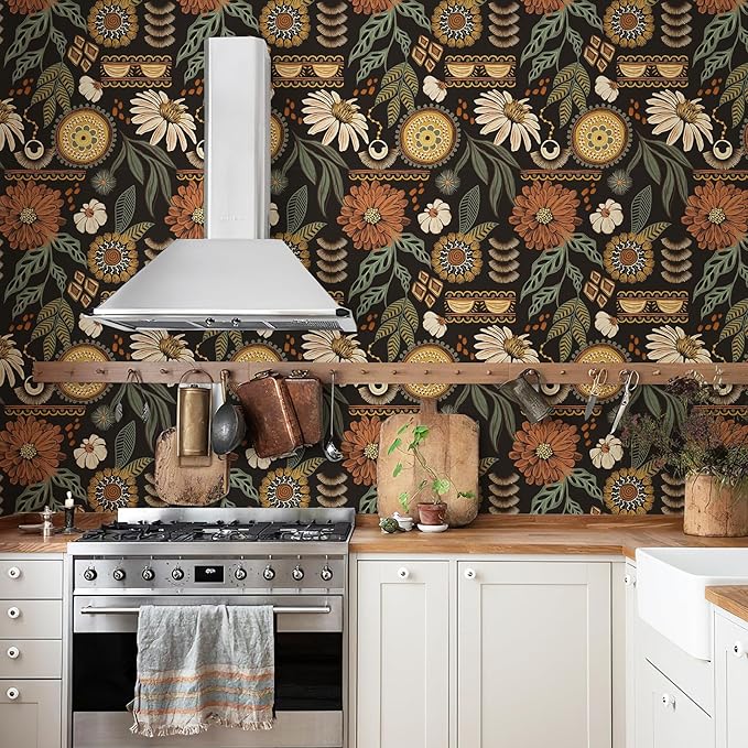 JiffDiff Boho Peel and Stick Wallpaper 17.3" x 240" Vintage Sun Floral Retro Removable Contact Paper Paper Dark Botanical Flowers Bathroom Bedroom Renter Friendly Wall Mural