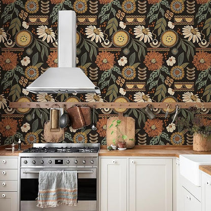 JiffDiff Boho Peel and Stick Wallpaper 17.3" x 240" Vintage Sun Floral Retro Removable Contact Paper Paper Dark Botanical Flowers Bathroom Bedroom Renter Friendly Wall Mural