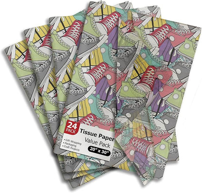 Pro Supply Global Sneakers Printed Tissue Paper for Birthday Party Gift Bags or Boxes and Wrapping - Bulk Decorative Art Tissue Paper for Packaging and Gifting | 24 Sheets 20" x 30"