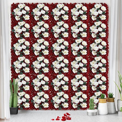 Pack of 6 Artificial Silk Flower Panels, Faux Floral Wall Background for Wedding Party Engagement Bridal Shower Arrangement Home Decorations - Burgundy & White