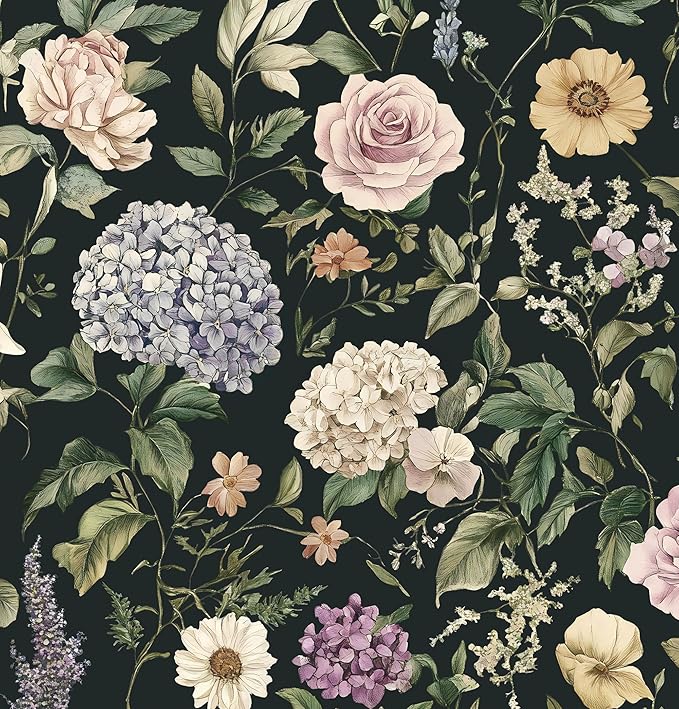 HeloHo Vintage Floral Peel and Stick Wallpaper Boho Contact Paper Dark Flower Self-Adhesive Removable Wallpaper Renter Friendly Botanical Wall Paper for Cabinets Bedroom Vinyl Rolls 17.3"x78.7"