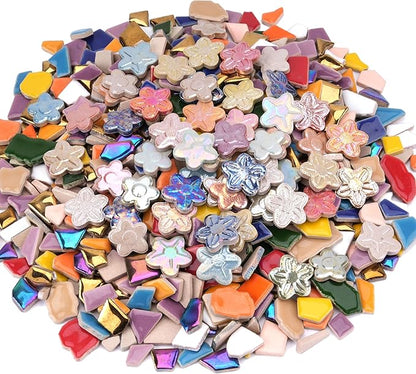 2.5 lb Irregular & Flower Ceramic Mosaic Tiles for Crafts - (800g Small Irregular Tiles + 330g Flower Mosaic Pieces), Mix Shapes & Colors Ceramic Mosaics for DIY Projects & Home Decor