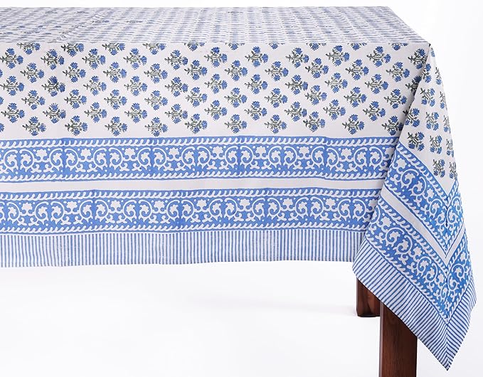 ATOSII Gulbahar Blue 100% Cotton Fall Rectangle Tablecloth, Hand Block Print Washable Table Cover, Christmas Parties Buffet Dining, Weddings, Thanksgiving Autumn Home Decor, 60 X 108 Inches 8 Seater