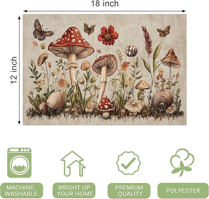Rustic Mushroom Placemats Set of 6 Washable Table Mats Vintage Botanical Leaf Heat-Resistant Cotton Linen Place Mats for Dining Table Kitchen Indoor Outdoor Party Holiday Decor