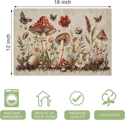 Rustic Mushroom Placemats Set of 6 Washable Table Mats Vintage Botanical Leaf Heat-Resistant Cotton Linen Place Mats for Dining Table Kitchen Indoor Outdoor Party Holiday Decor