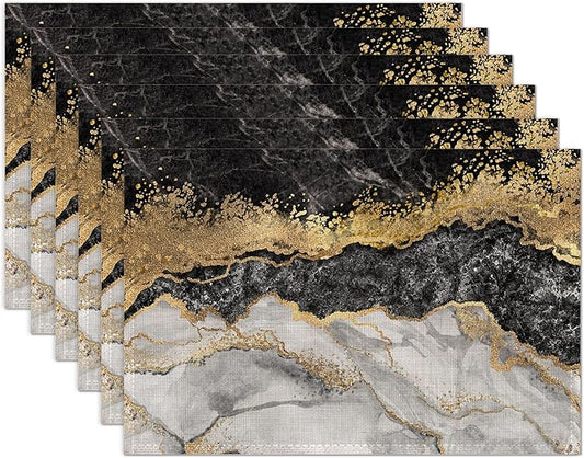 Black Gold Marble Placemats Set of 6 Washable Table Mats for Kitchen Dining Table,Heat-Resistant Place Mats for Indoor Outdoor Party Holiday Decoration