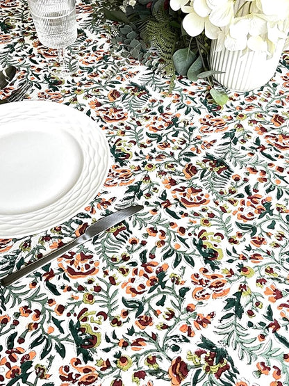 ATOSII Ambrosia Green 100% Cotton Round Tablecloth, Handblock Print Floral Table Cloth for Kitchen Dining Linen I Weddings, Outdoors, Thanksgiving, Christmas I Fall Home Decor I 72" Inches Round