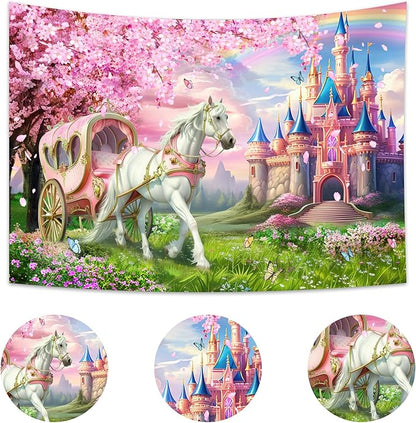 Riyidecor Princess Castle Backdrop Polyester Fabric Pink Sakura Rainbow Flowers Floral Fantasy Fairy Tale Wonderland 8Wx6H Feet White Horse Carriage Photography Background Birthday Photo Studio Shoot