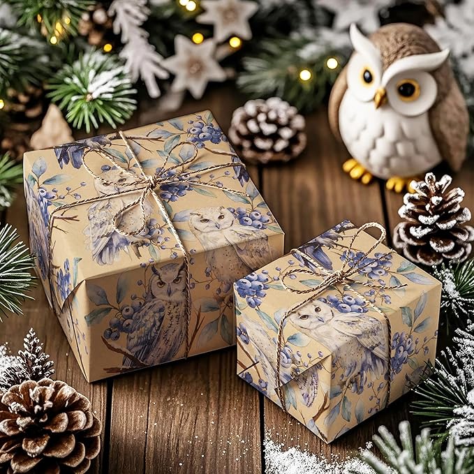 WRAPAHOLIC 30 Inch Kraft Christmas Wrapping Paper - 30 Inch x 33 Feet - Owl Wrapping Paper Wild Animal Winterfall Watercolor Design for Christmas, Holiday, Party Celebration