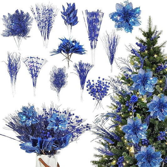 Yerliker 108 Pcs Blue Glitter Christmas Picks and Sprays, 12 Styles Artificial Christmas Floral Berry Branches Flowers Stems for Xmas Tree Ornaments Wreath Garland DIY Vase Holiday Party Decor