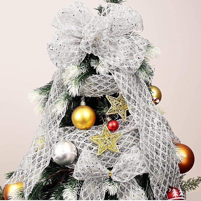 VATIN 6" Silver Christmas Ribbon, Silver Glitter Mesh Diamond Web Sequin Dots Wired Christmas Ribbon for Gift Wrapping Bow Making Wreath Supply-10 Yards