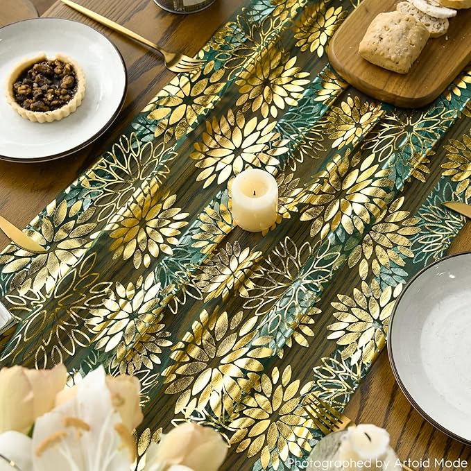 Artoid Mode 3PCS Green Gold Dahlia Flower Gauze Table Runner 120 Inch 10FT, Glitter Metallic Foil Seasonal Sheer Dining Holiday Table Decor for Home Party