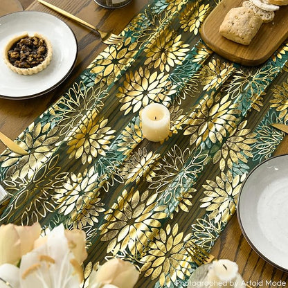 Artoid Mode 3PCS Green Gold Dahlia Flower Gauze Table Runner 120 Inch 10FT, Glitter Metallic Foil Seasonal Sheer Dining Holiday Table Decor for Home Party