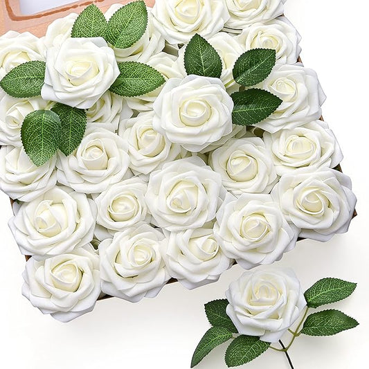 Mocoosy 50Pcs White Rose Artificial Flowers, Ivory Roses for Decorations, Real Touch Fake Rose with Stems Bulk DIY Wedding Bouquet Bridal Shower Centerpiece Faux Floral Arrangement Party Home Decor
