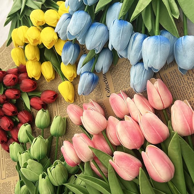 20pcs Artificial Tulips Flowers Fake Faux PU Tulip Bouquet Real Touch Flower Arrangement for Home Room Office Party Wedding Decoration Excellent Gift Idea for Mothers Day (Light Pink 20)