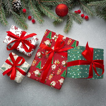 4 Rolls Christmas Wrapping Paper, 17 Inch x 16.5 Feet per Roll, Totaling 94 sq. ft. – Teal Ornaments, Cream Reindeer Mittens & Skates, Red Santa with Trees, White Gifts & Candy Canes – Eco-Friendly Durable Coated Paper Gift Wrap