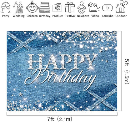 Riyidecor Denim Diamonds Birthday Backdrop for Women Navy Blue Silver Modern Luxury Crystal Sparkle Shining 7Wx5H Feet Girls Photography Background Happy Birthday Photo Studio Shoot Polyester Fabric