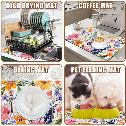 Dish Drying Mat Colorful Wildflowers Coffee Bar Mat for Countertop Absorbent Rubber Backed Hide Stain Dish Drainer Rack Pad Espresso Machine Cafe Table Dining Room Decoration 11.8 x 19.7 Inch