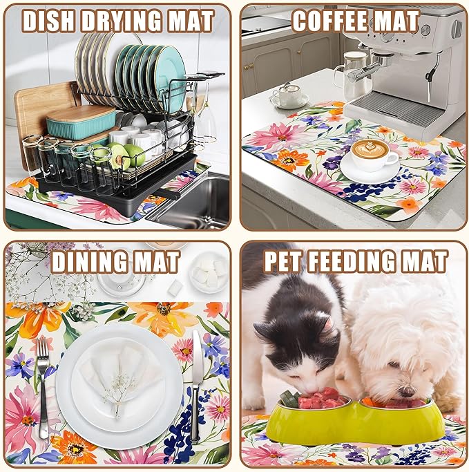 Dish Drying Mat Colorful Wildflowers Coffee Bar Mat for Countertop Rubber Backed Absorbent Hide Stain Dish Drainer Rack Pad Espresso Machine Coffee Table Dining Room Decoration 15.7 x 23.6 Inch