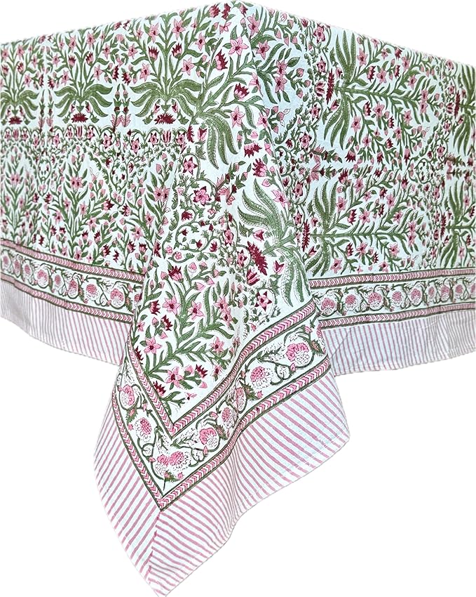 ATOSII Nargis Pink 100% Cotton Tablecloth, Handblock Print Rectangle Table Cover for Kitchen Dining Linen I Parties, Thanksgiving, Weddings, Easter Spring Summer I 72 X 140 Inches I 12 Seater