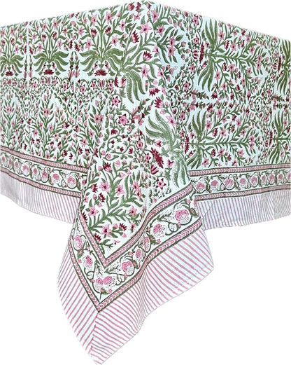 ATOSII Nargis Pink 100% Cotton Tablecloth, Handblock Print Rectangle Table Cover for Kitchen Dining Linen I Parties, Thanksgiving, Weddings, Easter Spring Summer I 72 X 140 Inches I 12 Seater