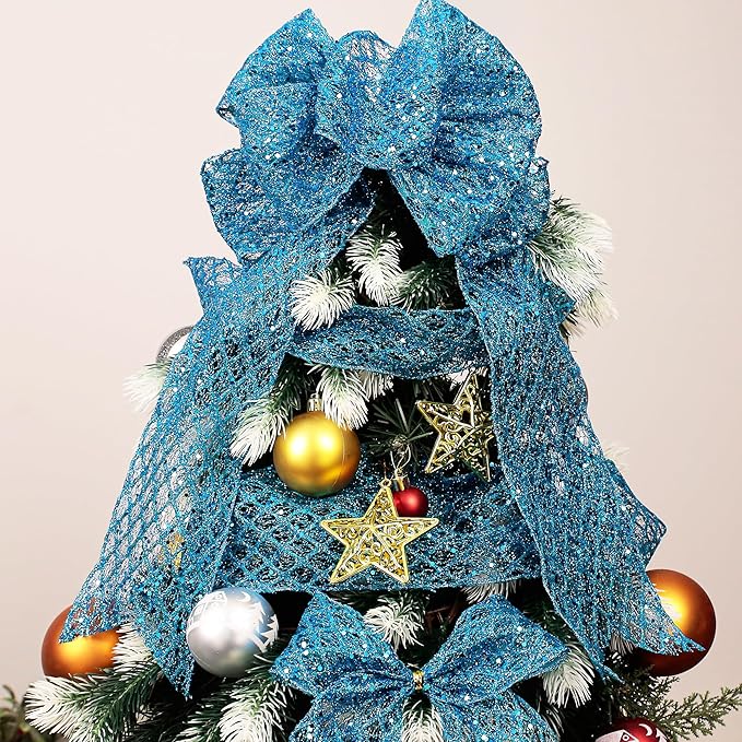 VATIN 4" Turquoise Christmas Ribbon, Blue Glitter Mesh Diamond Web Sequin Dots Wired Christmas Ribbon for Gift Wrapping Bow Making Wreath Supply-10 Yards