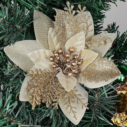 RECUTMS Christmas Tree Ornaments 10Pcs Glitter Poinsettia,Artificial Poinsettia Flowers Xmas Tree Ornaments 6" Wide for Xmas Tree Wreaths Garland Holiday Seasonal Wedding Decorations(Gold)