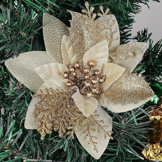 RECUTMS Christmas Tree Ornaments 10Pcs Glitter Poinsettia,Artificial Poinsettia Flowers Xmas Tree Ornaments 6" Wide for Xmas Tree Wreaths Garland Holiday Seasonal Wedding Decorations(Gold)