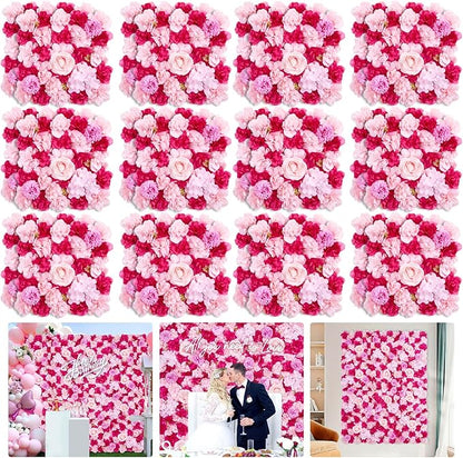 Wedding Backdrop Flower Wall Panels: 24 Packs 15x15 Inches Hot Pink Background - Bridal Shower Party Anniversary Ceremony Decor
