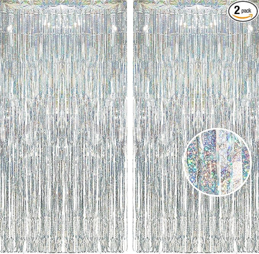 BRAVESHINE Silver Streamers Party Backdrop - 2Pcs 3.2x8.2ft Tinsel Foil Fringe Curtain for Christmas/New Years/Birthdays/Bachelorette/Anniversary/Engagement/Dance Ball/Winter’s Snowflake Decorations