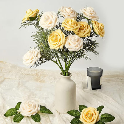 Artificial Flowers, 25pcs Creamy Yellow and Ivory Artificial Rose for DIY Wedding Bouquets Centerpieces Arrangements, Fake Flower with Stems for Party Home Decorations