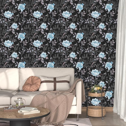 Black Blue Floral Peel and Stick Wallpaper Flowers Contact Paper 17.5"x118" Self Adhesive Waterproof Vintage Dark Floral Wall Paper for Shelf Liner Cabinet Decor