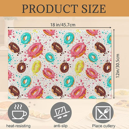 Doughnut Placemats Set of 6,Washable Heat Resistant 12×18 Inch Linen Table Mats Cute Place Mats for Party Outdoor Dining Décor