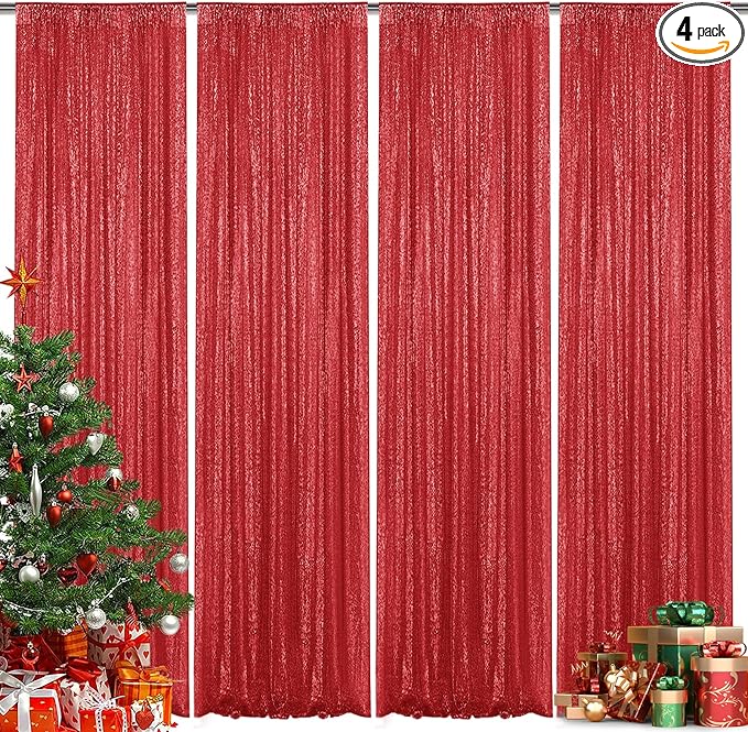 Red Sequin Backdrop Curtain 4 Pieces 2FTx8FT Glitter Photography Backdrop for Party Wedding Birthday Christmas Decorations