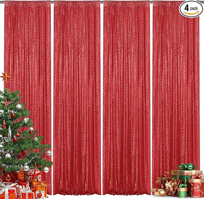 Red Sequin Backdrop Curtain 4 Pieces 2FTx8FT Glitter Photography Backdrop for Party Wedding Birthday Christmas Decorations
