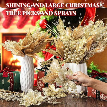 Yerliker 108 Pcs Gold Glitter Christmas Picks and Sprays, 12 Styles Artificial Christmas Floral Berry Branches Flowers Stems for Xmas Tree Ornaments Wreath Garland DIY Vase Holiday Party Decor