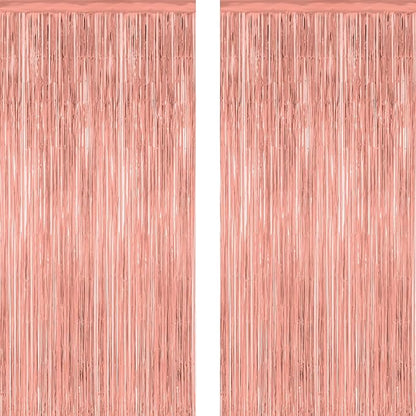 2 Pack Rose Gold Decorations, 3.28 FT x 7.05 FT Rose Gold Fringe Curtains, Metallic Photo Backdrop Tinsel Backdrop Foil Curtains, Metallic Party Supplies Wedding Decor
