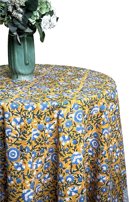 ATOSII Marigold Blue100% Cotton Round Tablecloth, Block Print Floral Table Cloth for Dining, Parties, Weddings, Outdoors, Holidays I 90" Inches, 6 Seater I Grandmillennial Farmhouse Spring Summer Boho
