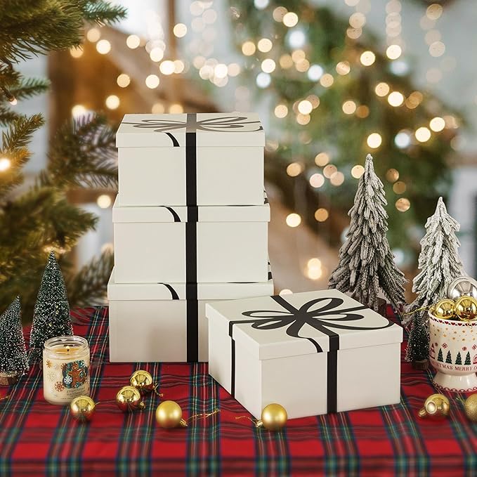 Soul & Lane Valentine's Day Gift Boxes with Lids for Presents, Set of 4 Elegant Large Square Decorative Reusable Nesting Gift Boxes for Gifts and Décor
