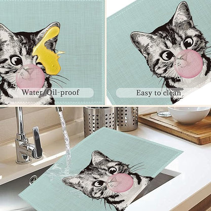 Funny Cat Placemats Set of 6,Washable Heat Resistant 12×18 Inch Linen Table Mats,Place Mats for Party Outdoor Dining Décor
