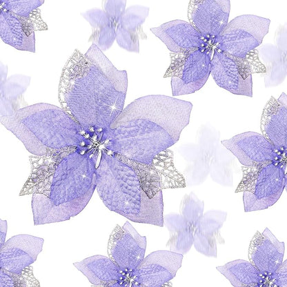 Boao 24 Pieces Christmas Artificial Glitter Poinsettia Flowers Xmas Flowers Wedding Christmas Tree New Year Ornaments(Purple)