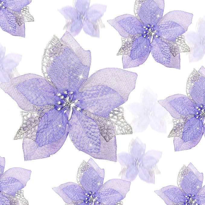 Boao 24 Pieces Christmas Artificial Glitter Poinsettia Flowers Xmas Flowers Wedding Christmas Tree New Year Ornaments(Light Purple)
